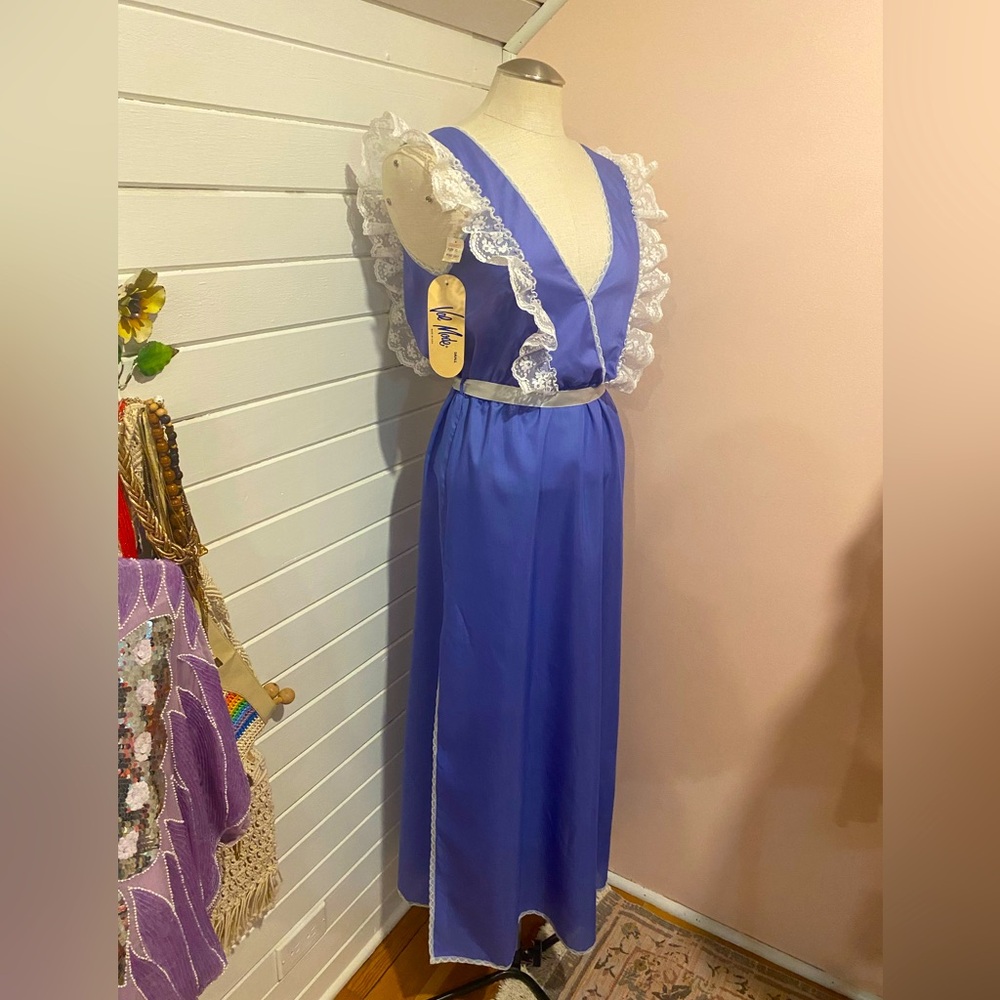 Vintage 1960s Cotton Nightie, Blue, Lace Ruffles, NWT